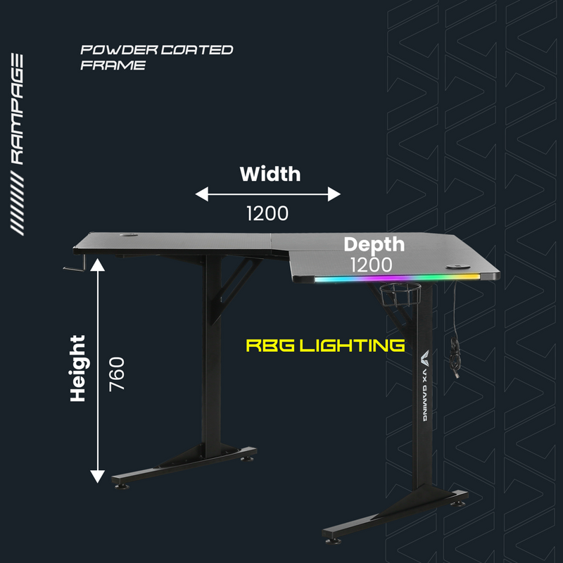 Rampage Gaming Desk, RGB Lights,USB 2.0 Charging Port